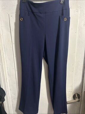 Anne Klein Navy Wide-Leg Dress Pants with Button Pocket Detail